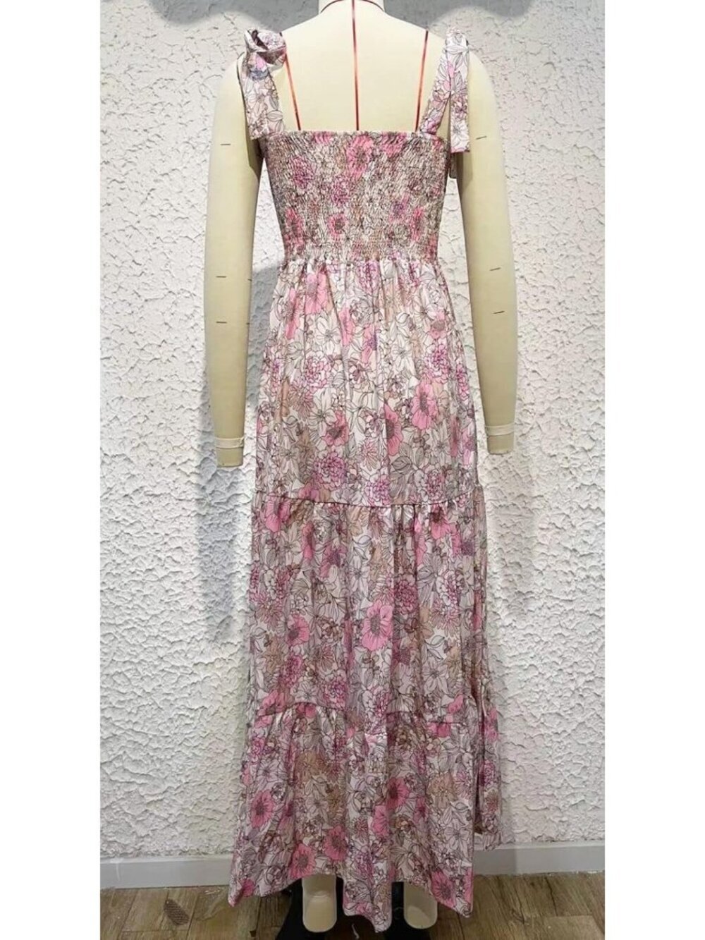 Women's Pink Floral Sleeveless Square Neck Ruffle Flowy Imported Maxi Dress - Picture 5 of 5